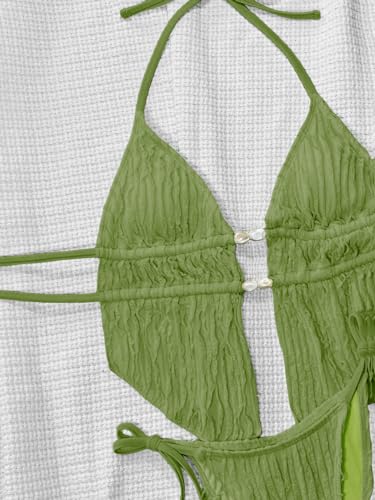 Image of RoseSeek Women's 2 Piece Boho Polka Dots Beaded Bikini Sets Sexy Swimsuits | Halter Swimsuits, Backless, Textured, Tie Side, Tankini Set, Bathing Suits, Summer, Vacation