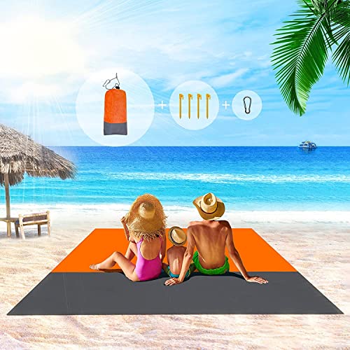 Sandproof Beach Blanket 79 X 83 Inch Emergency Beach Blanket Oversized Fits for 4-7 Adults, Large Waterproof Beach Mat, Lightweight Outdoor Picnic Mat for Travel, Camping, Hiking, Outdoor (Blue Beach Mat) (Orange Beach Mat)