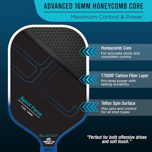 Blue Cut Pickleball Paddle – USAPA Approved Pickleball Paddles Racket with T700 Carbon Fiber, 16mm Honeycomb Core, Spin Surface, Pro Power Speed & Control – Includes Carry Bag - image 2