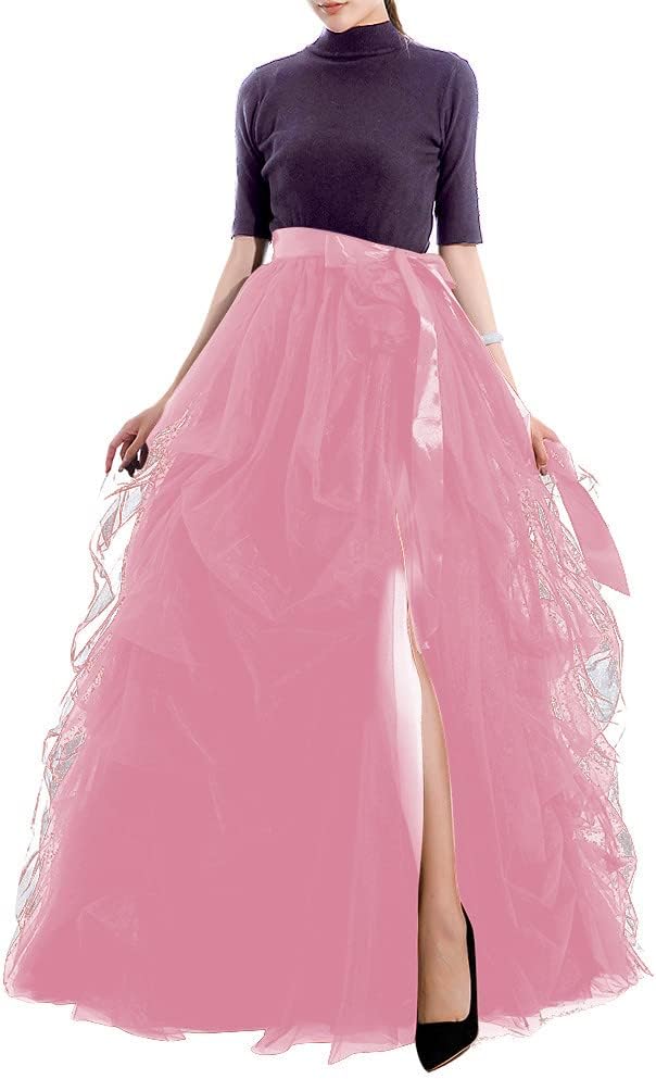 Qmker Women's Long Tutu Tulle Skirt A Line Floor Length Black Special Occasion Night Out fold Skirt