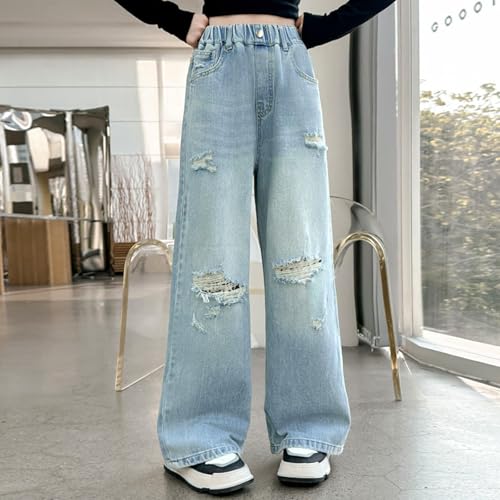 Girls Ripped Jeans Straight Leg Baggy Button Denim Pants Elastic Waist Trousers Trendy Casual Streetwear with Pockets2