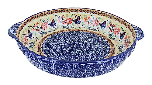 Blue Rose Polish Pottery - Yellow Blue Butterfly Pie Plate with Handles - 9.75 Blue Rose Polish Pottery - Yellow Blue Butterfly Pie Plate with Handles - 9.75