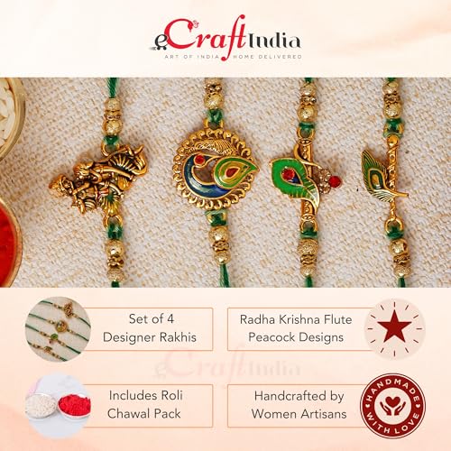 Image of eCraftIndia Set of 4 Multicolor Radha Krishna Playing Flute, Peacock, Krishna Flute, Peacock Feather Designer Religious Rakhis with Roli Chawal Pack and Best Bro Ever Fridge Magnet - Rakhi for Brother