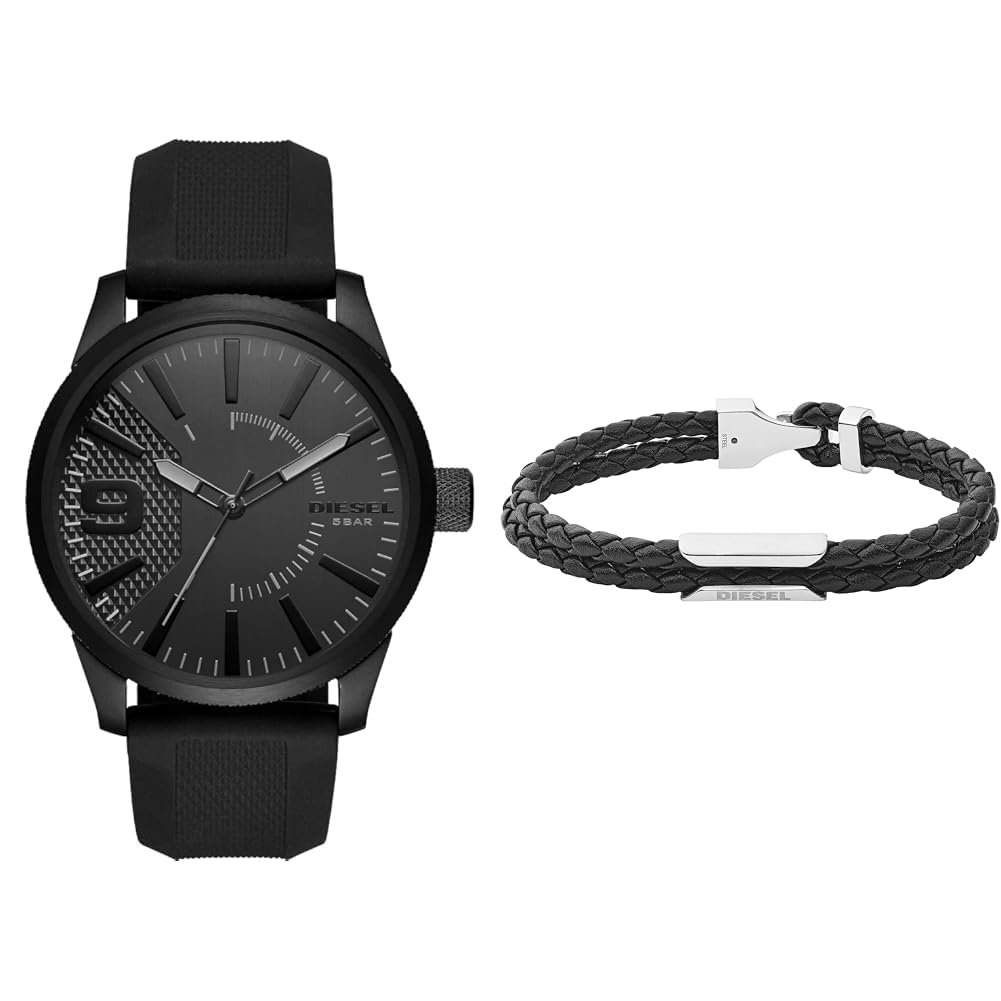 Diesel Hombre Rasp Negro Silicona Reloj y Cuero Pulsera, Set