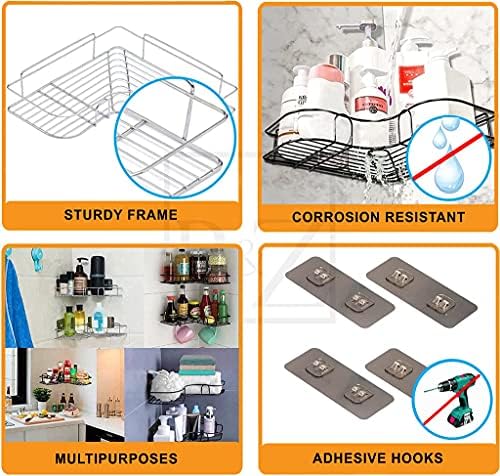 B & Z No Drilling Bathroom/Kitchen Corner Shower Caddy , Rustproof Stainless Steel Shower Organizer Storage and Shelves Shower Racks with Adhesive Sticker 2pcs and 3 colours