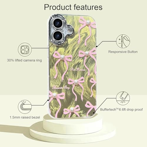 Image of VONZEE Compatible with iPhone 17 6.3'' Case Luxury Pink Girly Cute 3D Bow Pearl Glitter Bling Case with Full Camera Protection Shockproof PC+TPU Glossy Shiny Cover for Girls Women, Green