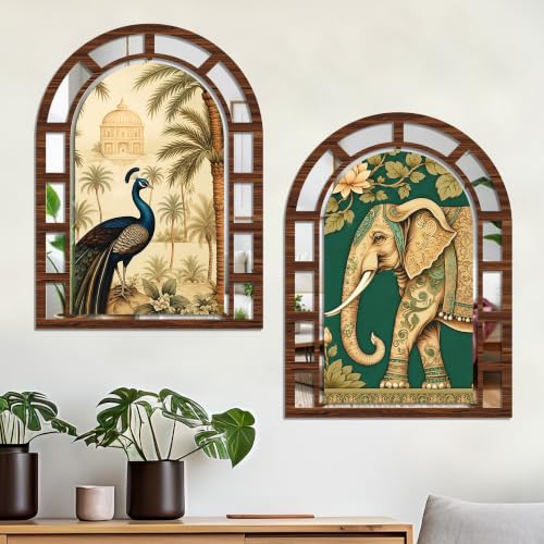 Image of Artvibes Decorative Elephant & Peacock Wall Hanging | Jharokha Mirror Wall Decor for Living Room, Bedroom, Hall, Dining Room, Foyer & Entryway | Gift (WHJ 12052N), Set of 2