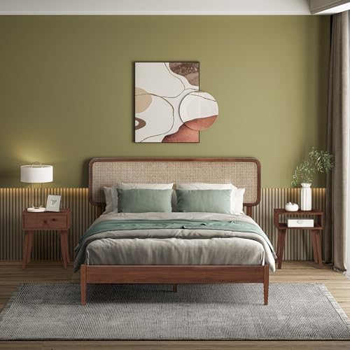 Image of NTC Lupin Wooden Bed Frame with Headboard and Natural Rattan, Solid Oak /Rubber Wood Foundation with Silent Slats, 1000 Lb Capacity, Effortless Assembly (Natural Cane - Dark Walnut, Queen)