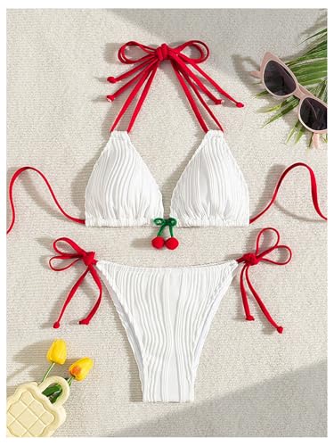 Verdusa Women's 2 Piece 3D Cherry Color Block Bikini Sets Halter Neck Tie Cute Swimsuit Bathing Suit3