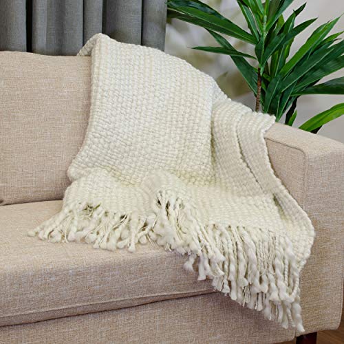 Vue Throw Blanket - Effie Solid Knit with Tassles, Throw Blankets for Couch or Bed, 50" x 60", Antique White
