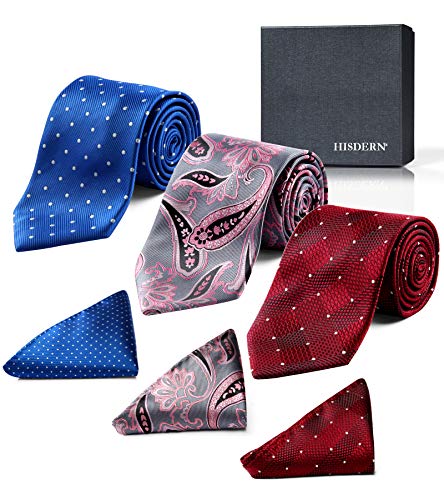 Image of HISDERN Mens Ties Extra Long Tie and Pocket Square Set 63 Inch XL Tie Pack Collection Present Box Necktie Lot 3 PCS