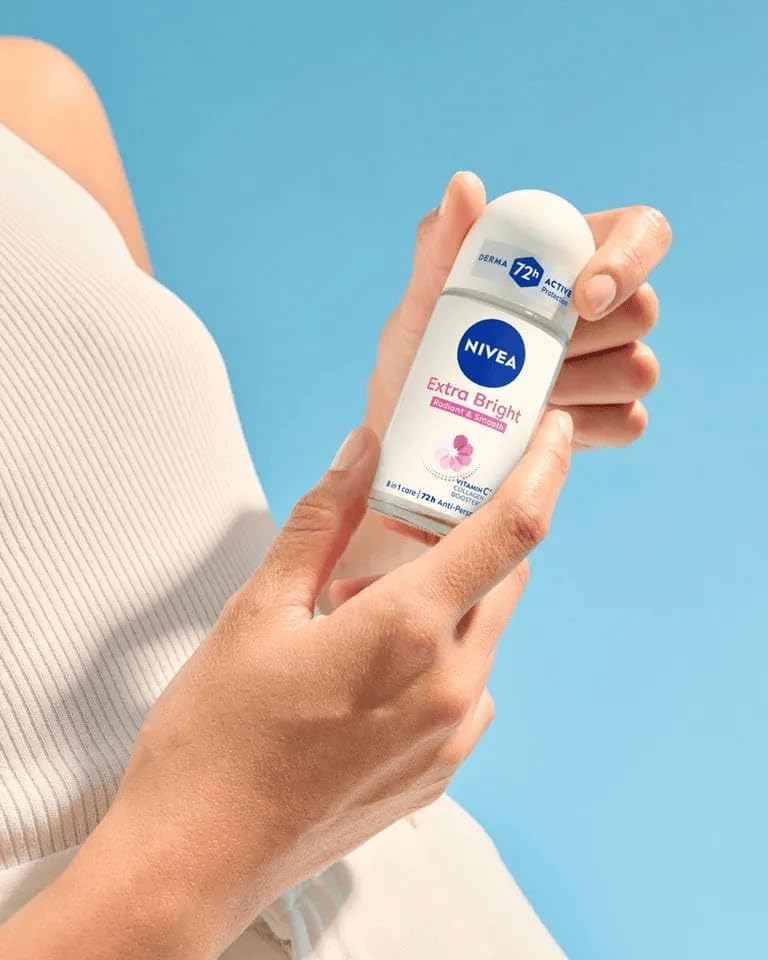 NIVEA Extra Bright 8 Super Food Vitamin C Collagen Booster Underarm Roll-On Deodorant, Alcohol-Free, 72HR Odor Protection, Smooth & Bright Skin, 50ml, 1.69oz, Pack of 3 - Image 9