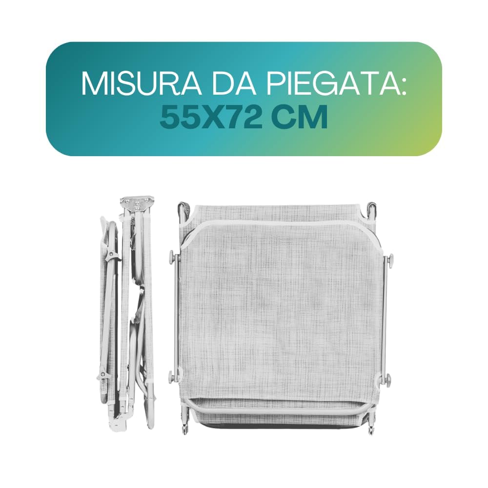 PALUPLUS 2 Lettini Prendisole Pieghevoli con Tetto Parasole con 2 BORSE Portalettino, Misura 180x55x90 cm, Tessuto Textilene, Struttura Metallo Tubolare da 18mm, Peso Max 120kg -3664F (Grigio)