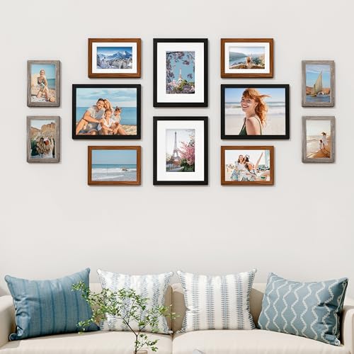 Image of Vittanly 12 Pack Picture Frames Collage Wall Decor for Mounting or Tabletop, Gallery Wall Frame Set for Family, Multi Sizes Including 8x10, 5x7, 4x6, Black & Walnut Brown & Dark Grey