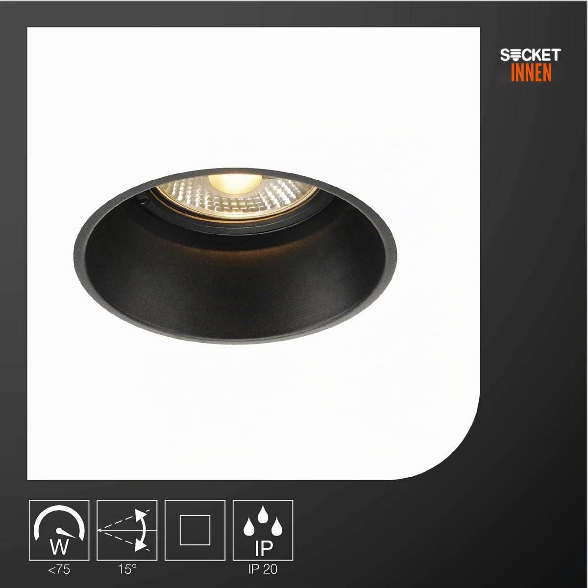 SLV LED Einbaustrahler HORN-T, schwarz, rund | Dimmbare Decken-Lampe zur Beleuchtung innen | LED Spot, Fluter, Deckenstrahler, Deckenleuchte, Einbau-Leuchte | 1-flammig, GU10 QPAR111