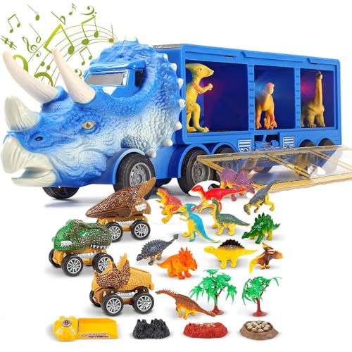 CKIKH Dinosaur Truck with 12 Small Dinosaurs and 3 Pull Back Cars Small Cars Set Birthday Toys for 3+ Year Old Boy Transport Carrier Truck for Toddlers Over 3 Years (Blue-Dinosaur Truck)