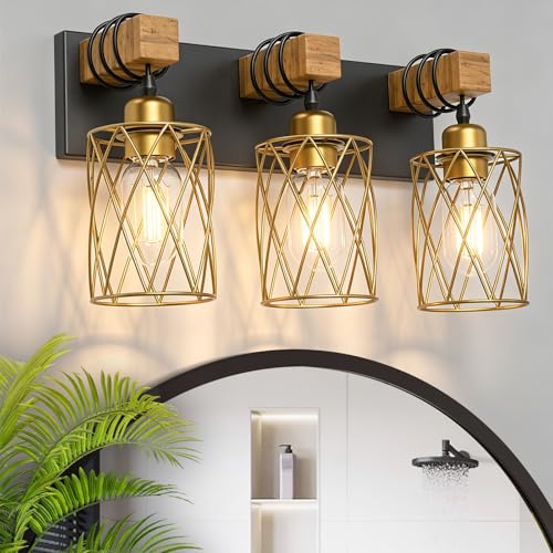 Image of IZORRO Farmhouse Bathroom Vanity Light, 3-Light Wood Bathroom Light Fixtures Over Mirror, Black and Gold Industrial Vanity Lights with Metal Shade, Rustic Restroom Lighting Fixtures