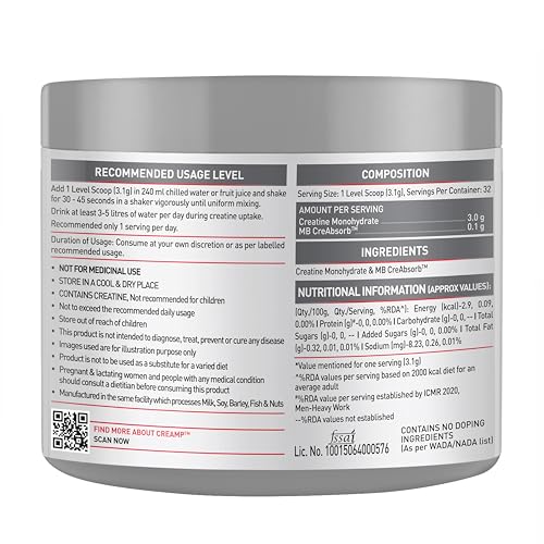 MuscleBlaze Creatine Monohydrate CreAMP™ Powder (Unflavoured, 32 Servings, 100g / 0.22lbs) | Trustified Certified Creatine (Image - 4)