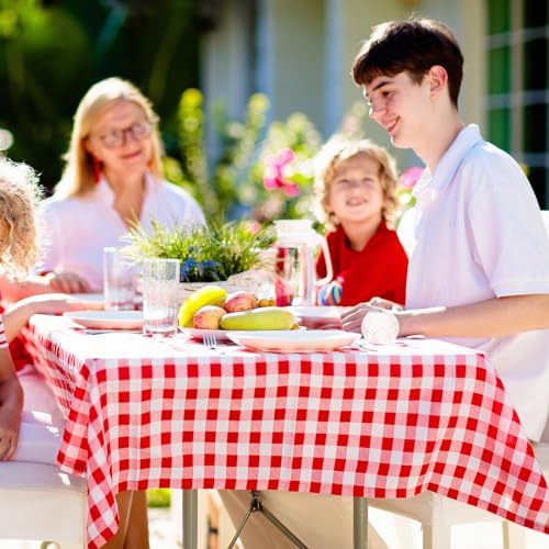 Image of 6 Pack Red and White Plastic Checkered Tablecloth, Premium Decorative Disposable Red Gingham Plaid Table Cloths for Parties, Rectangle Party Table Cover for Picnic Farm Birthday Wedding, 54x108 Inch