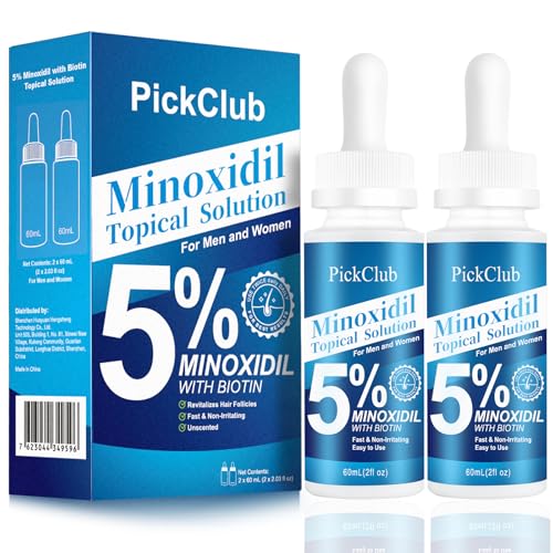 Pickclub 5% Minoxidil with Biotin for Men and Women Hair and Beard Regrowth Serum Unisex Gentle 2-Pack (Total 4.06 fl oz)