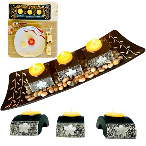 Portavelas Jardín Zen de Madera – Regalo Adorno para el Hogar – Centro de Mesa Decorativo para Salón, Comedor – Soporte Vintage para Velitas Pequeñas de Té Yoga Meditación Rituales Espirituales