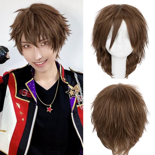 Image of S-noilite Unisex Short Brown Cosplay Wig Women Men's Anime Costume Full Wigs Short Fluffy Layered Pixie Wig Synthetic Hair for Halloween Costume Comic-con Party (Light Brown)