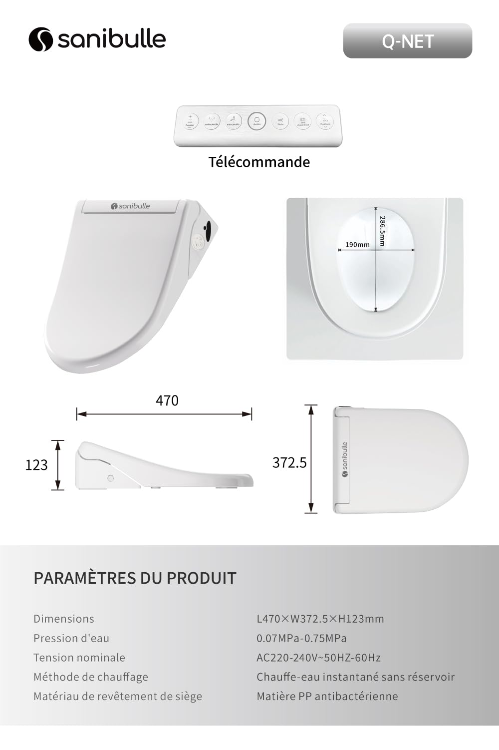 Marque Française - Abattant WC Japonais Q-NET - Garantie 3 Ans - Lunette Lavante, Séchante et Chauffante avec Télécommande - Universel 95% des WC