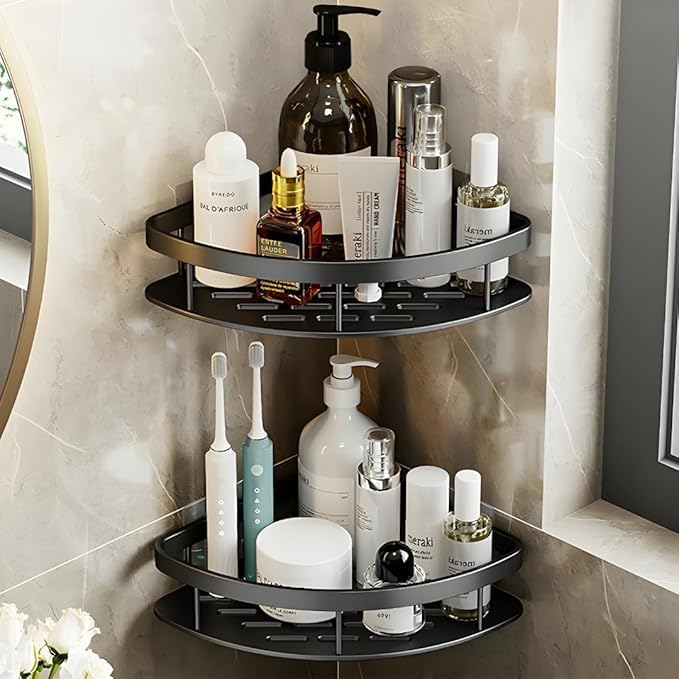 Image of Pack of 2Aluminum Bathroom Corner Shelf for Wall,rustproof, Nail-Free, No Drilling Organizer Holder, Bathroom Shelf for Wall Stand for Corner Holder, Washroom & Bathroom Accessories.
