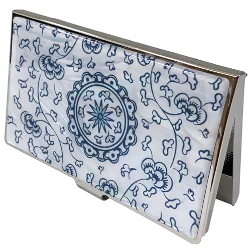 Image of Mother of Pearl Business Card Case Credit Id Name Holder Travel Wallet Art Painting Design Metal Stainless Steel Engraved Slim Purse Pocket Cash Money Wallet (Blue Arabesque)