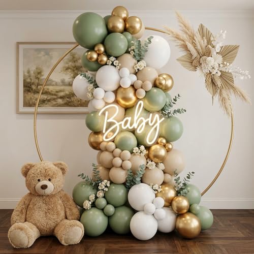 Image of RUBFAC Sage Green White Gold Balloon Garland Arch Kit 129pcs Different Sizes Pack of 18 12 10 5 Inch, Latex Sand White Cream Confetti Gold Balloon Garland Arch Kit for Birthday Engagement Wedding