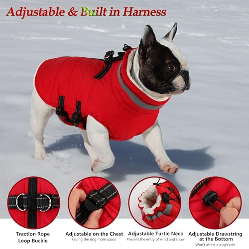 Image of Dogcheer Dog Winter Coat with Harness, Waterproof Dog Warm Jacket - Red,XS | Christmas Adjustable Dog Cold Weather Coats with Zipper, Reflective Puppy Snow Fleece Jackets for Small Medium Large Dogs
