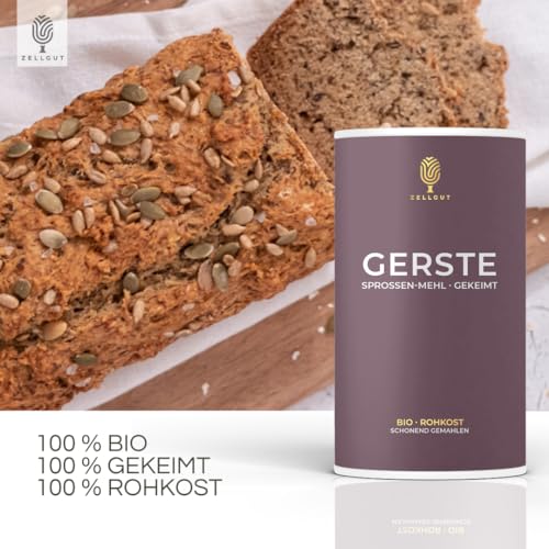 ZELLGUT© BIO GERSTENMEHL 250g • zum BACKEN, Brot, kochen, MÜSLI, Smoothie • VOLLKORN 100% ROH + gekeimt • ROHKOST-QUALITÄT • gemahlene GERSTE PUR