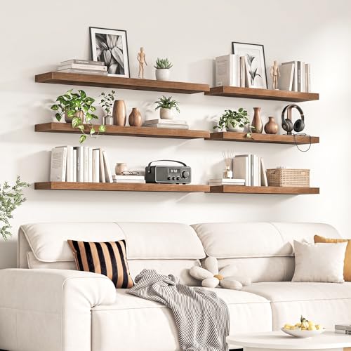 Image of Fun Memories 67Inch Long Floating Shelves, 8 Inch Deep Shelves for Bedroom|Living Room, Wall Mounted Wood Hanging Shelf with Invisible Brackets for Fireplace Mantel Home Storage Decor, Brown - 1 Pack