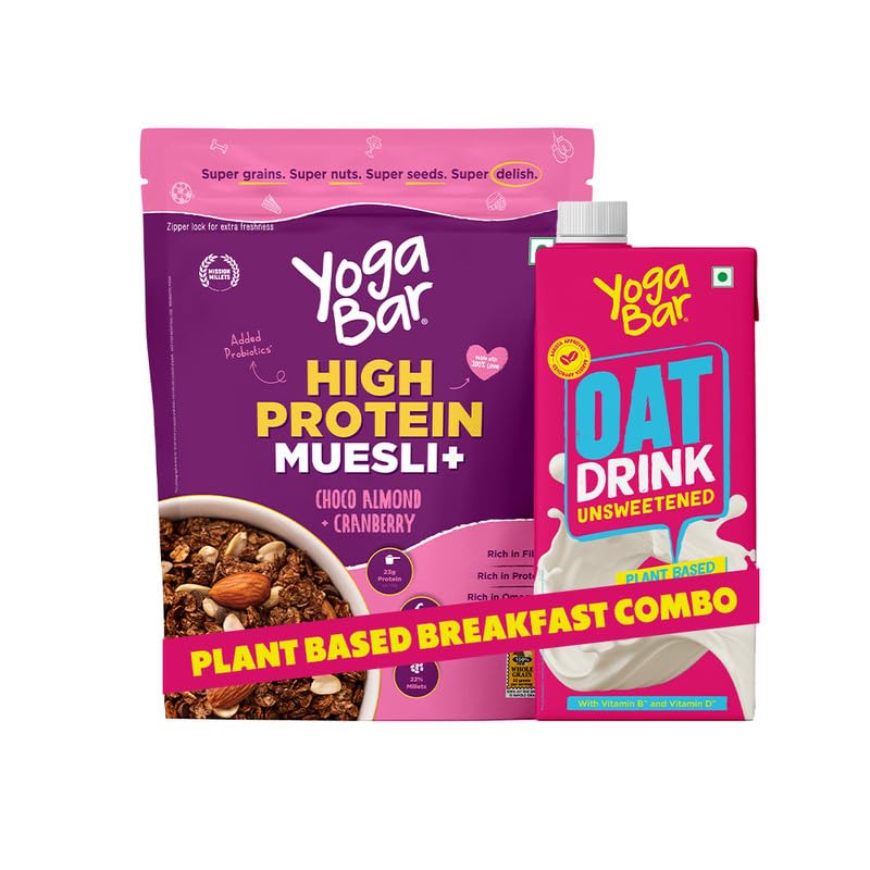 Image of Yogabar Super High Protein Muesli (Choco Almonds) 850g & Oat Milk 1 ltr Combo | Lactose Free | No Added Sugar |Gluten Free | No Preservatives | Source of Calcium & Vitamins | Plant Based Breakfast Combo