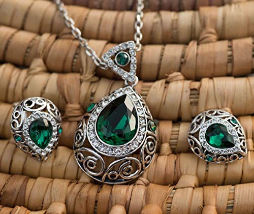 Leafael [Presented By Miss New York] Silver-Tone Teardrop Filigree Vintage Style Emerald Green Pendant Necklace Made With Premium Crystals Earrings Set, 18" + 2", Nickel/Lead/Allergy Free, Gift Box #TOP2