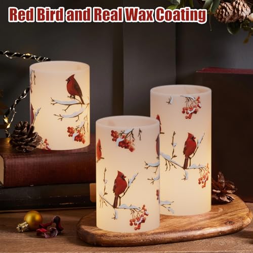 Image of Cardinal Flameless Candles, 3 Pack LED Flickering Pillar Candles with Red Bird Decals, Real Wax Cardinal Home Decor for Halloween Christmas Decor(D3 inch x H4 inch5 inch6 inch)