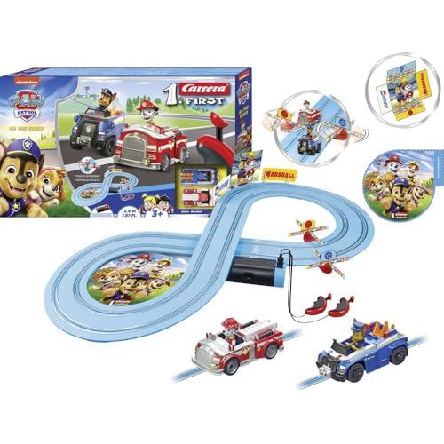 Carrera First PAW Patrol On the Track Spielbahn mit Chase & Marshall kindgerechte Handregler 2 4 Meter Strecke & interaktive Elemente Für kleinen Rennspaß und Abenteuer