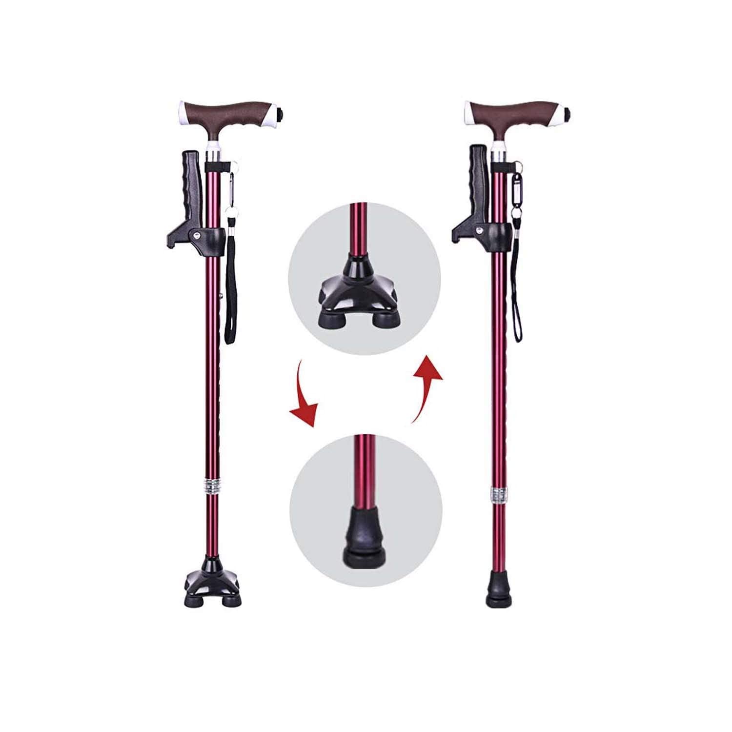 Bastones, muletas, bastón para Ancianos, bastón de Cuatro Patas Antideslizante Multifuncional con luz, muleta telescópica, bastón Ligero