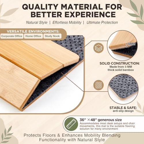 Image of Leinuosen 36 inch x 48 inch Office Bamboo Chair Mat for Desk Carpet Floor Mat Highly Premium Quality Anti-Slip Office & Home Floor Protector Low Pile Chairmat, 5mm Thick(Without Lip, Wood)