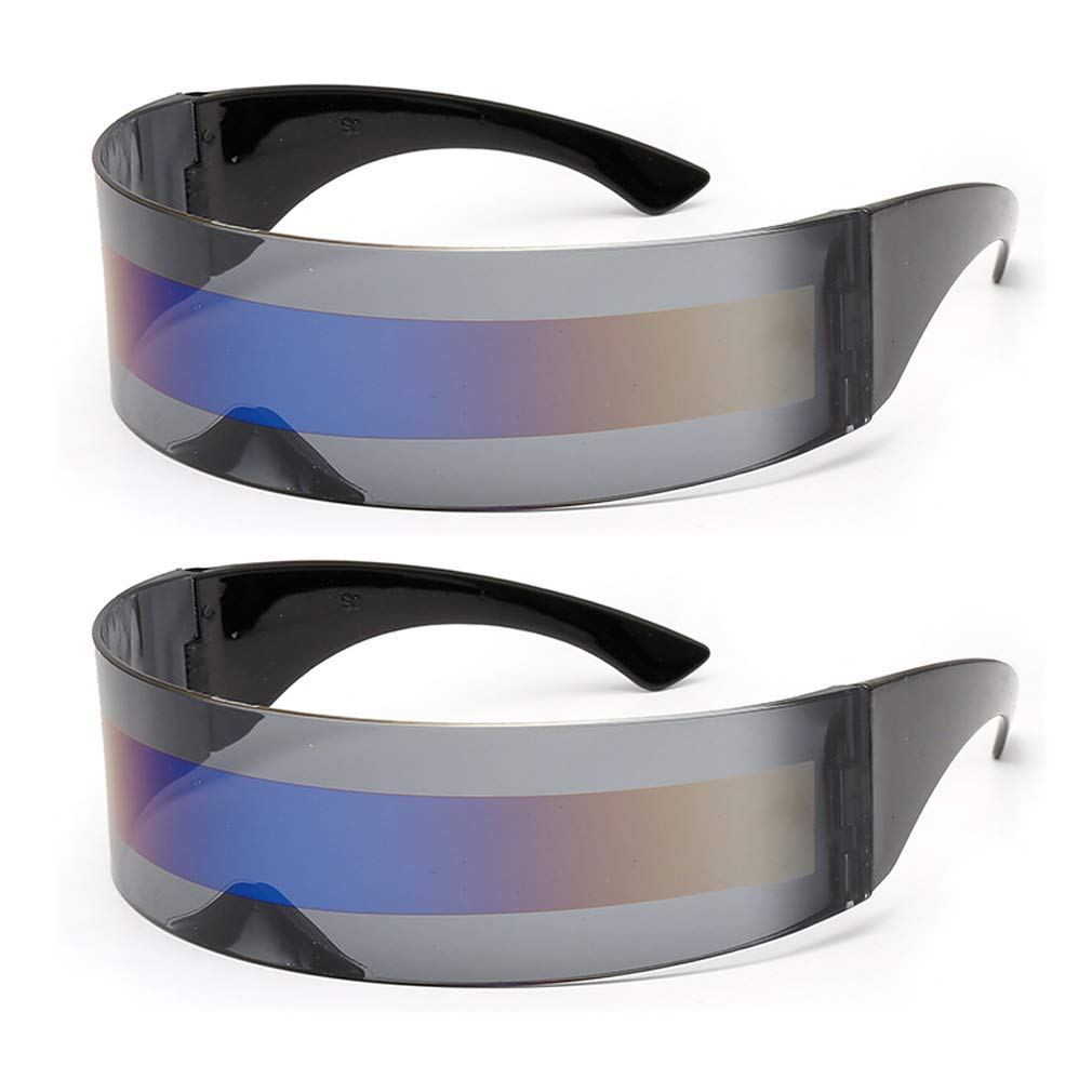 PLOPLO 2 Pack Futuristic Cyclops Monoblock Shield Mirrored Sunglasses Sunglass Glasses