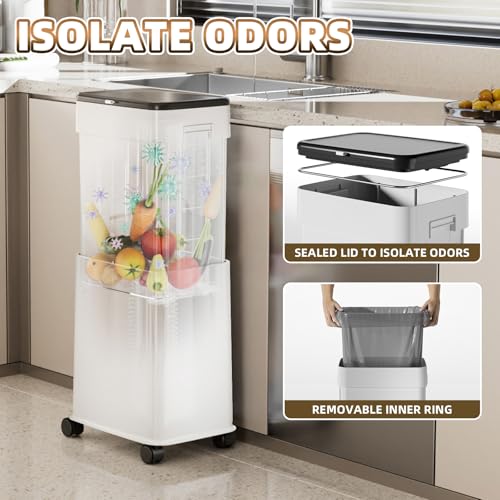 Image of Trash Can with Lid, 20L /5.3Gal Adjustable Height Kitchen Garbage Can, Trash Can on Wheels with Brakes, Plastic Tall and Slim Trash Bin for for Kitchen /Bathroom /Bedroom /Office, White