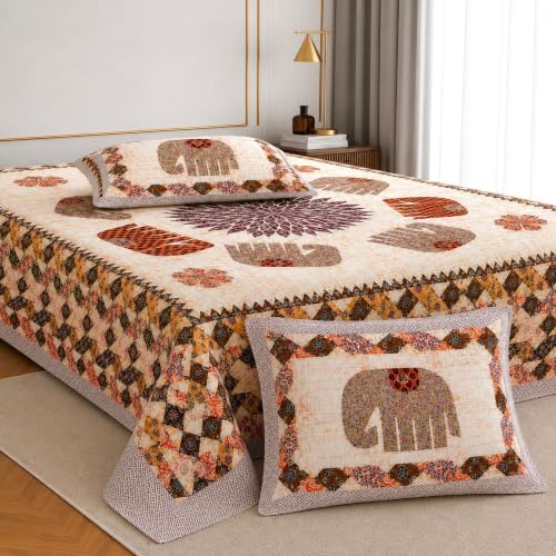 Image of Jaipur Weaves Jaipuri Double Bed Cotton Bedsheet Queen Size 90x100, 144 TC 100% Pure Cotton Bed Sheet with 2 Pillow Covers, Royal Elephants Traditional Print (Royal Elephants Orange)