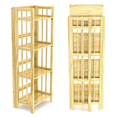 Stony Edge 4-Tier Folding Bookshelf | Natural Wood Finish | 45x16x11.5 Inches | Book Shelf for Books and Trinkets | No Assembly Required | Foldable & Small Bookshelf for Home and Office