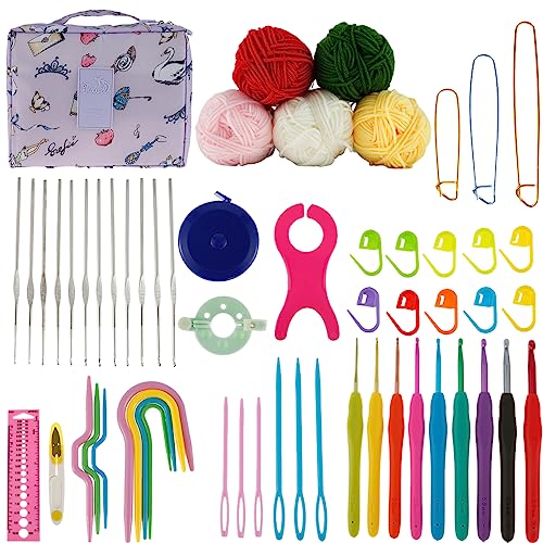 Image of 59 Pcs Crochet Hooks Kit for Beginners Adults, Knitting Starter Kit for Adults Ergonomic Crochet Soft Grip Handle Crochet Tools, DIY Weave Yarn Kits with Carry Bag , Travel Knitting Crochet Supplies