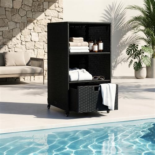 Poolside Towel Storage Cabinet with Wheels Indoor & Outdoor PE Rattan Wicker Organizer Waterproof Towel Rack with 2 Shelves & Pull-Out Drawer for Hot Tub Bathroom Spa Patio Backyard 43 Black