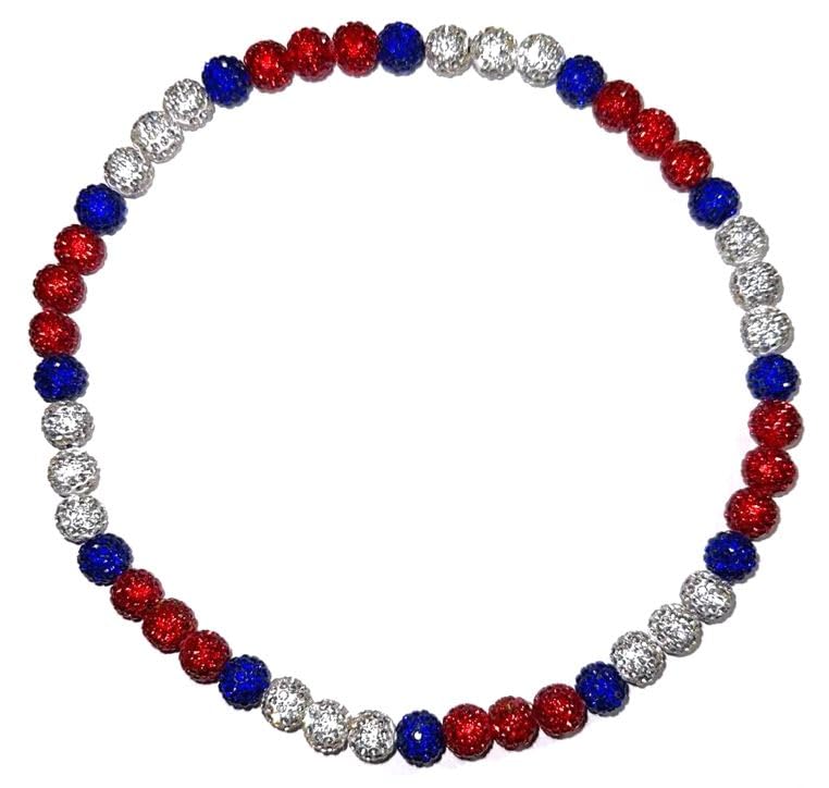 Power Energy Sports Rhinestone Crystal Pollyanna Bling Disco Ball Beaded Bead Baseball Player Necklace, Red White Blue