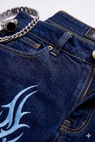 Image of Premium Men's Dark Blue Loose Fit Printed Jeans - Bold Tribal Graphic Streetwear Denim