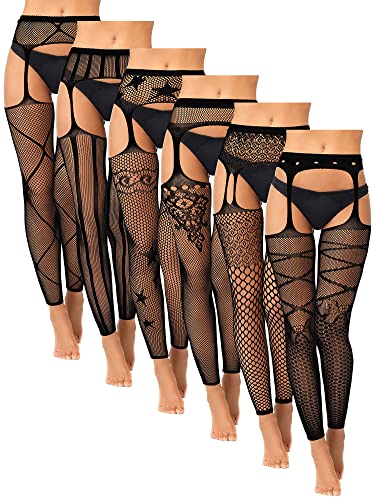 6 Pairs Fishnet Stockings for Women Footless Tights High Waist Suspender Pantyhose Garter Belt Leggings for Halloween(Star)
