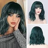 Amyqueen Green Wig, Colored Green Bob Wigs for Women, Short Curly Wavy Wig with Bangs, Shoulder Length Natural Looking Heat Resistant Synthetic Wigs for Daily Party Cosplay Use (Green)
