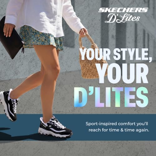 Image of Skechers Women's D'Lites Fan Girl Sneaker | Hands Free Slip-Ins, Duraleather & Suede Sneaker, Rhinestone Details & Charms Lace Up, Air-Cooled Memory Foam Insole